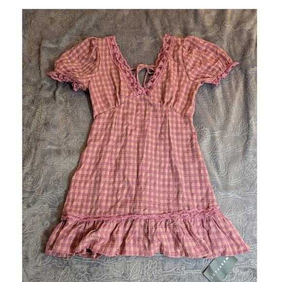 Westfade Pink Plaid V Neck Short Puff Sleeve Back Cut Out Mini Dress Small - Picture 4 of 9